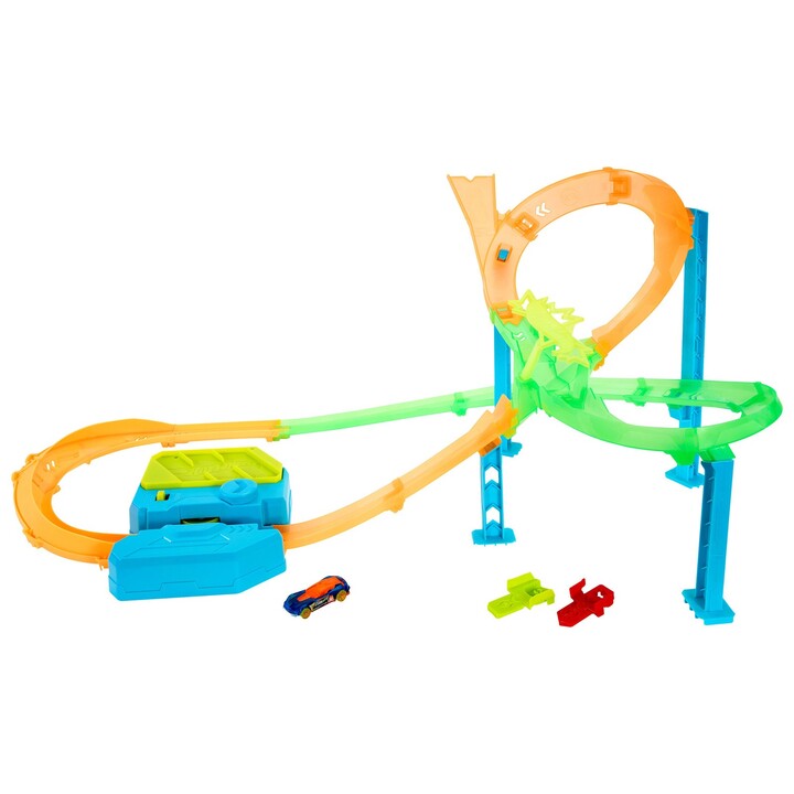 Hot Wheels Neon Speeders Stunt Tracks Tornado Jump Crash-Trackset mit motorisiertem Beschleuniger und Spielzeugauto