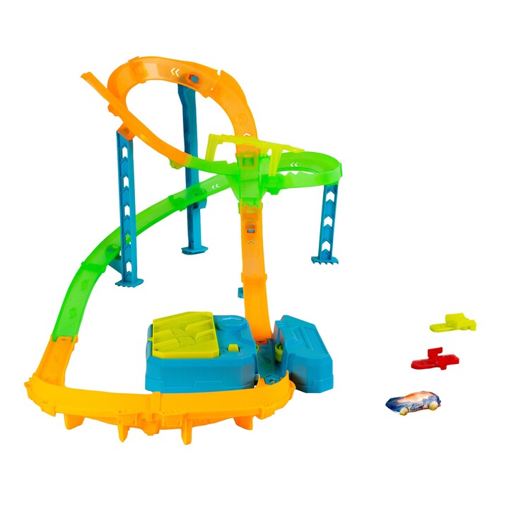 Hot Wheels Neon Speeders Stunt Tracks Tornado Jump Crash-Trackset mit motorisiertem Beschleuniger und Spielzeugauto
