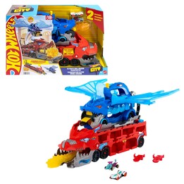 Hot Wheels City ultimativer 2-in-1 Drachentransporter und 2 Spielzeugautos im Maßstab 1:64