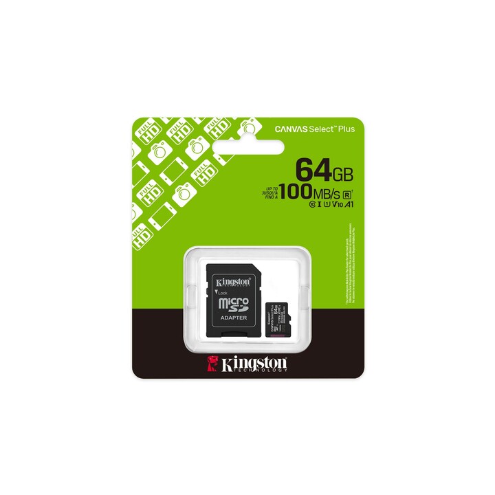 Carte mémoire microSD Kingston CANVAS Select Plus 64 Go XC avec adaptateur / Classe 10 / 100 Mo/s