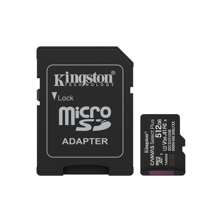 Carte mémoire microSD Kingston CANVAS Select Plus 512 Go XC avec adaptateur / Classe 10 / 150 Mo/s