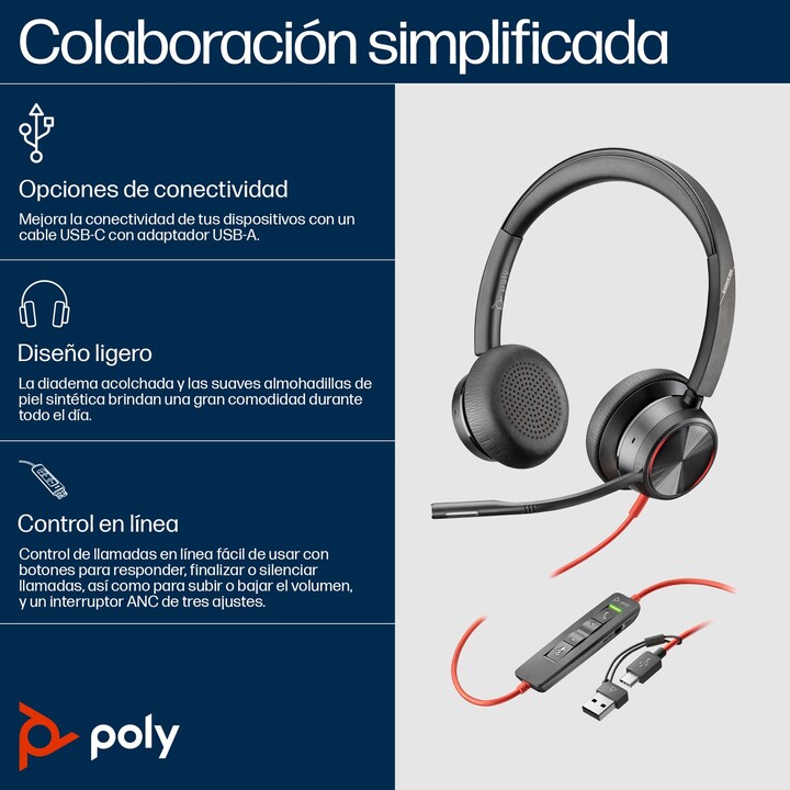Cuffie Poly Blackwire 8225 per Microsoft Teams + adattatore USB-C/A/ con microfono/ USB Type-C/ Nero