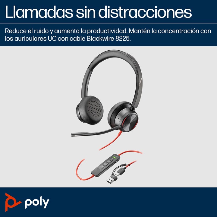 Auriculares Poly Blackwire 8225 para Microsoft Teams + Adaptador USB-C/A/ con Micrófono/ USB Tipo-C/ Negros