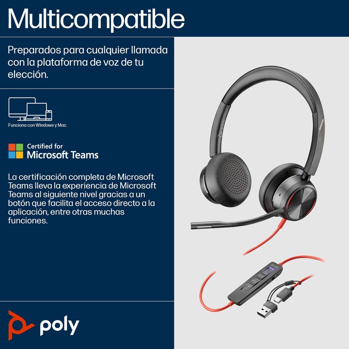 Cuffie Poly Blackwire 8225 per Microsoft Teams + adattatore USB-C/A/ con microfono/ USB Type-C/ Nero