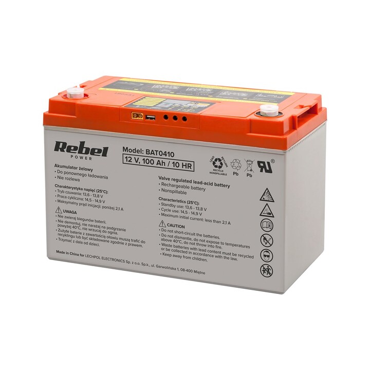 Deep cycle gel battery with display, 12V, 100Ah