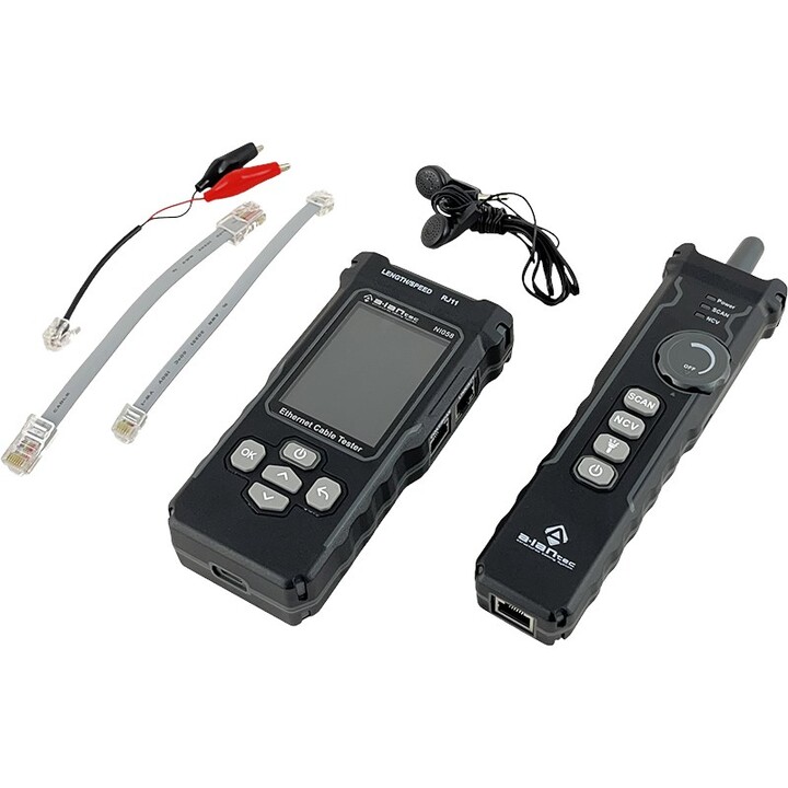 Advanced network cable tester with PoE, tracing, length measurement, and continuity testing functions with A-frame display