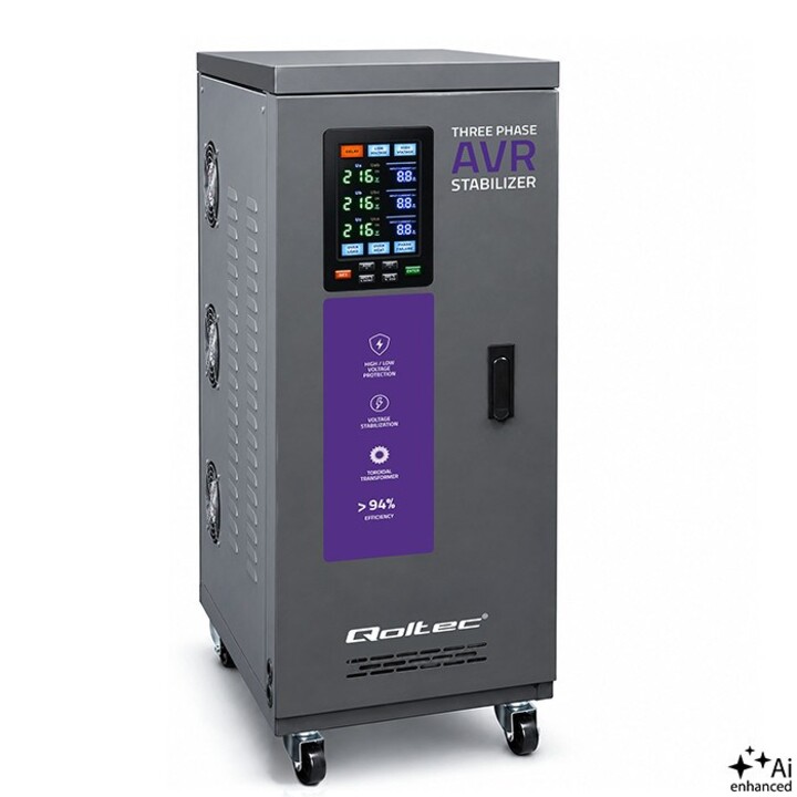 Qoltec Stabilisateur de tension triphasé AVR MULTIPROTECTION | 20kVA | Précision ± 3% | Servomoteur 3F | LCD | Expert Line