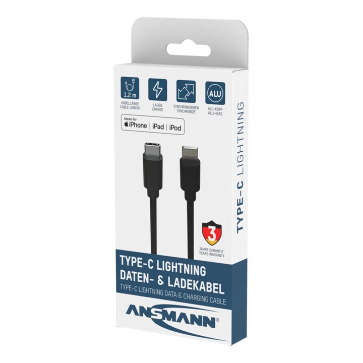 Cabo para celular Ansmann 1700-0106, preto, 0,12 m, USB-C e Lightning