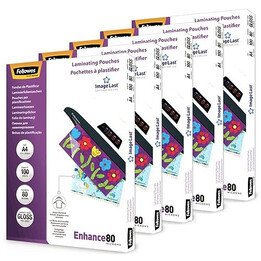 Pacote com 500 folhas de laminação brilhante Fellowes de 80 mícrons, tamanho A4 (216 x 303 mm) 100142462