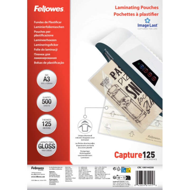 Pack 500 Fundas Plastificar 125 Micras Brillo A3 (303x426 Mm) Fellowes 100144250