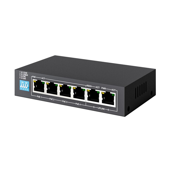 Switch PoE Extralink Euros V2, 4 ports PoE/PoE+ 100 Mb/s, 2 ports RJ45 pour liaison montante 100 Mb/s, 60 W