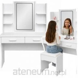 Toucador com espelho LED, prateleiras e gavetas, branco, 140x80x40 cm