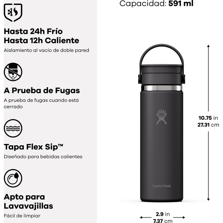 Hydro Flask 727409, vaso térmico de boca ancha con tapón Flex Cap, 591 ml (20 oz), azul Capri