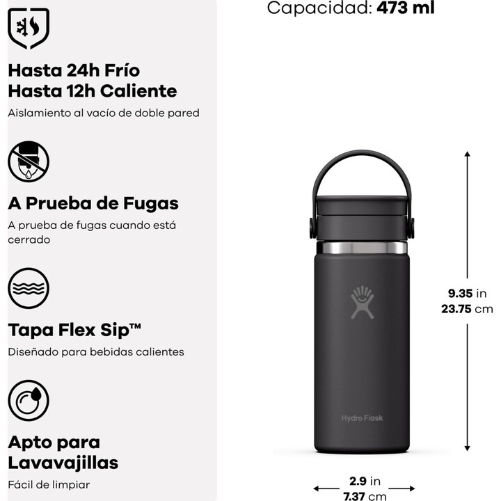 Botella Hydro Flask 727318 con boca ancha y tapón Flex Cap, 473 ml (16 oz), azul marino