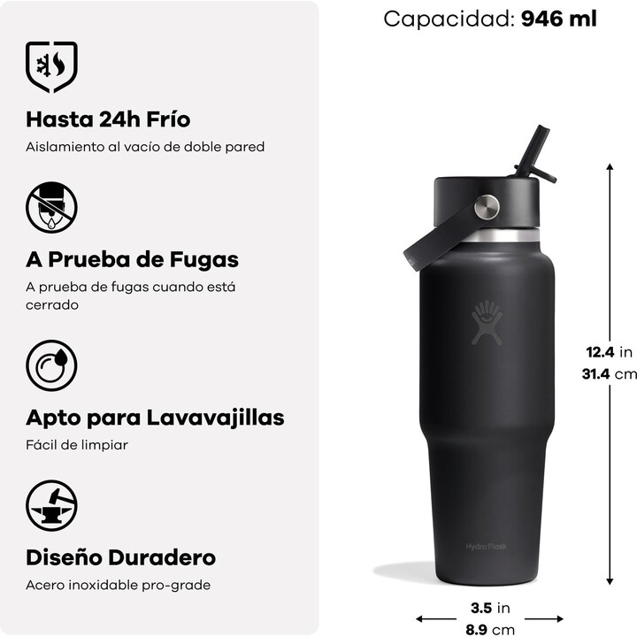 Botella de viaje Hydro Flask 727335 con tapón para pajita ancha, 946 ml (32 oz), azul Capri