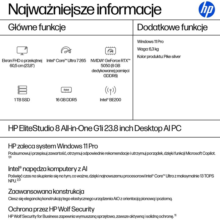 HP Elite Studio 8 AiO G1i Ultra 7 265 23.8"FHD 250nits IPS LBL AG 16GB DDR5 5600 SSD1TB Gráficos Intel Cam5MP W11Pro 3Y OnS