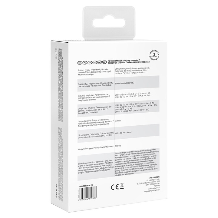 Savio BA-15 External Battery Lithium Polymer 50000 mAh White