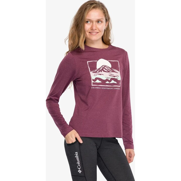Camisa feminina de manga comprida com estampado da Columbia Parsons Point, cor Old Mauve Hthr/All Terrain, tamanho M