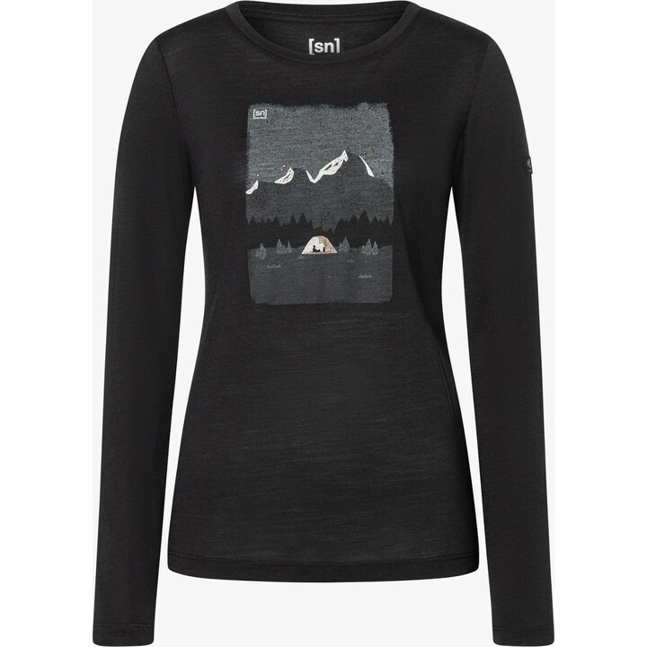 T-shirt Super.natural Outdoor Night LS pour femme, noir jais/cuivre/motifs variés, taille S