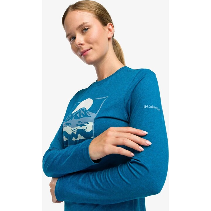 Columbia Parsons Point Damen-T-Shirt mit Aufdruck und langen Ärmeln, Phoenix Blue/All Terrain, Größe M