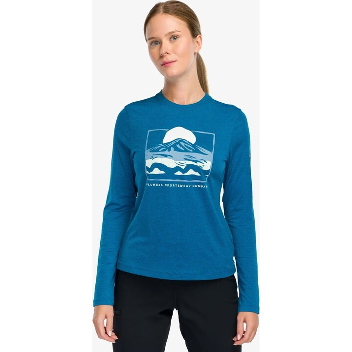 Columbia Parsons Point Damen-T-Shirt mit Grafikprint und langen Ärmeln, Phoenix Blue/All Terrain, Größe S