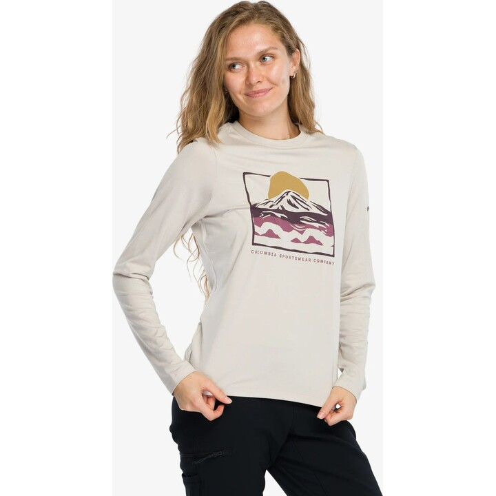 Columbia Parsons Point Damen-T-Shirt mit Aufdruck und langen Ärmeln, Dark Stone/All Terrain, Größe M