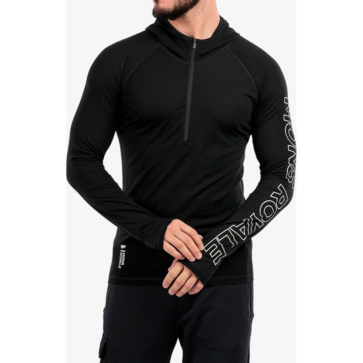 Mons Royale Temple Tech Hood - Maglia intima da uomo in lana merino, nera, taglia S