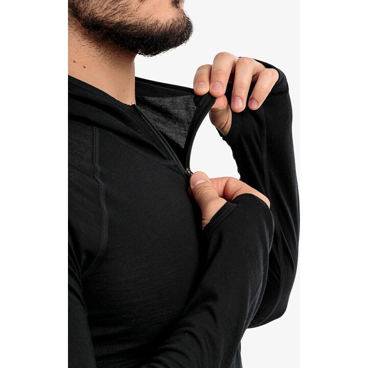 Mons Royale Temple Tech Hood - Maglia intima da uomo in lana merino, nera, taglia S