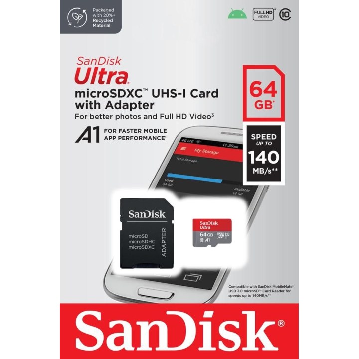 SanDisk Ultra 64 GB microSD XC Speicherkarte mit Adapter / Klasse 10 / 140 MB/s