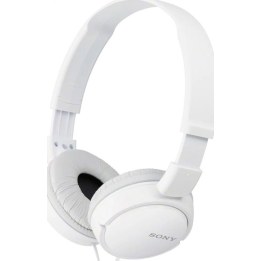 Fones de ouvido Sony MDRZX110APW com microfone, conector de 3,5 mm e cor branca.