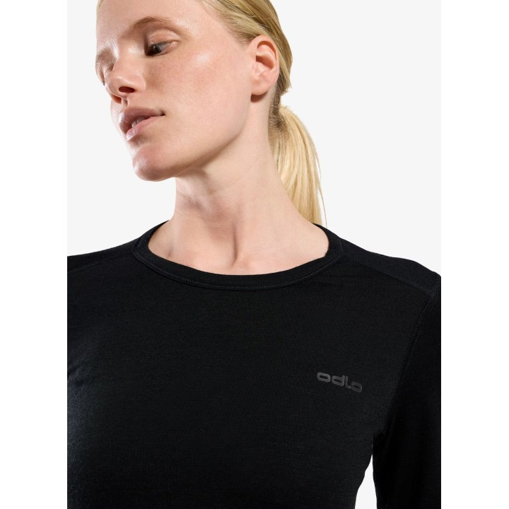 Camiseta Odlo Merino Fundamentals BL de manga larga y cuello redondo para mujer, color negro, talla S