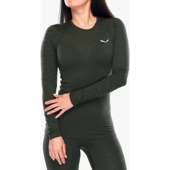 Camiseta térmica de manga larga Salewa Cristallo Warm para mujer, color verde oliva oscuro