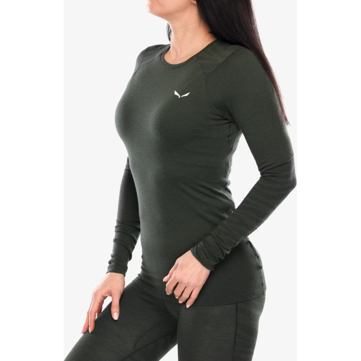 Camiseta térmica de manga larga Salewa Cristallo Warm para mujer, color verde oliva oscuro