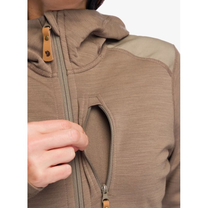 Camisola com capuz Fjällräven Keb Fleece para mulher, cor castanho camurça, tamanho S