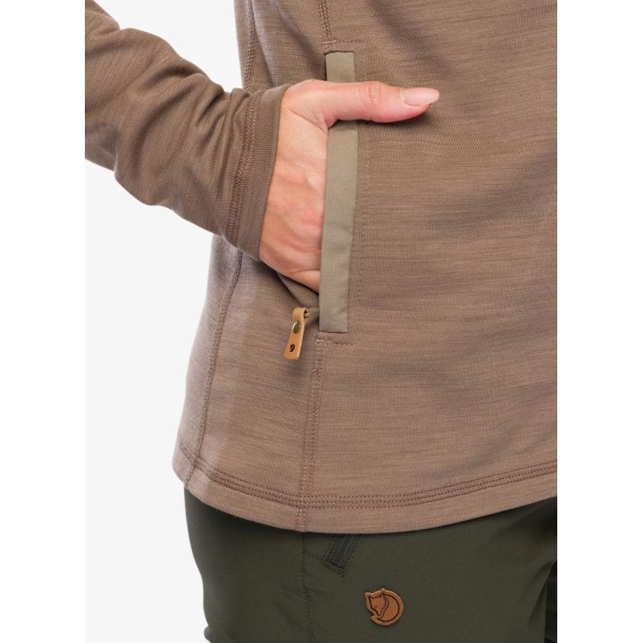 Camisola com capuz Fjällräven Keb Fleece para mulher, cor castanho camurça, tamanho S