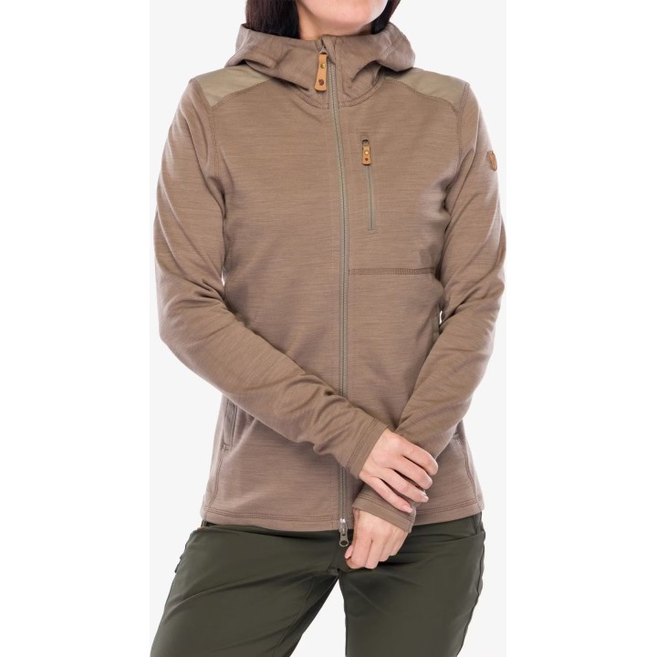 Camisola com capuz Fjällräven Keb Fleece para mulher, cor castanho camurça, tamanho S