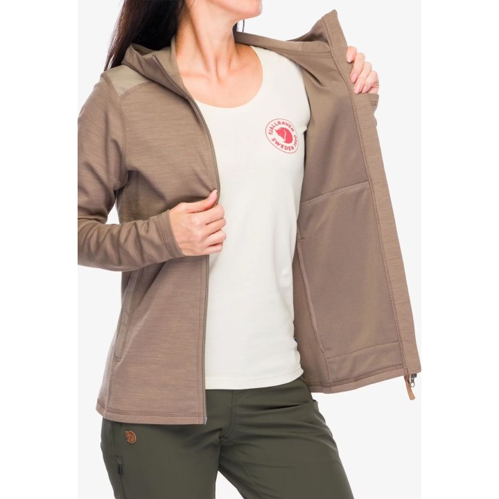 Camisola com capuz Fjällräven Keb Fleece para mulher, cor castanho camurça, tamanho S