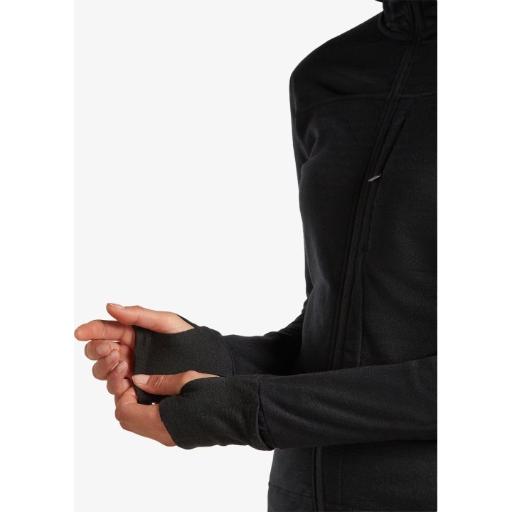 Felpa con cappuccio e zip lunga Icebreaker Merino Blend 300 RealFleece Descender da donna, nera, taglia S