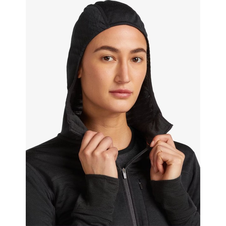 Felpa con cappuccio e zip lunga Icebreaker Merino Blend 300 RealFleece Descender da donna, nera, taglia S