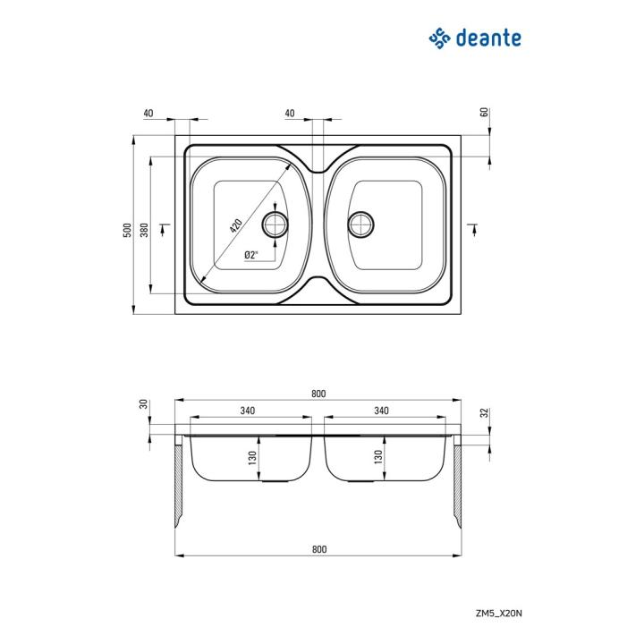 Fregadero DEANTE Tango ZM5_320N 2 Kameras, Acero 80x50 cm
