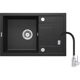 Fregadero de granito con grifo de caño flexible.