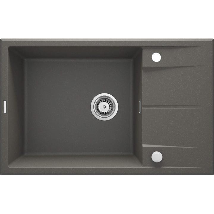 Pia de granito com uma cuba e escorredor.