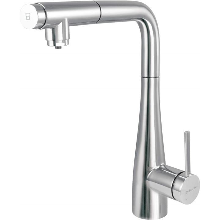 Torneira de cozinha com conexão para filtro de água e bico extensível.