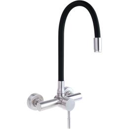 Grifo de cocina mural con caño curvado.