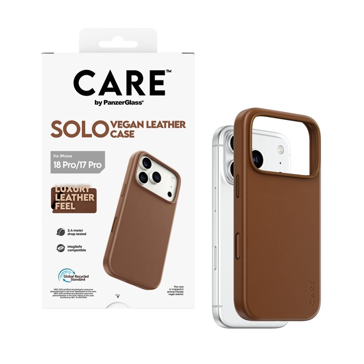Capa traseira para celular Panzerglass Solo em couro vegano MagSafe marrom para iPhone 18 Pro / 17 Pro