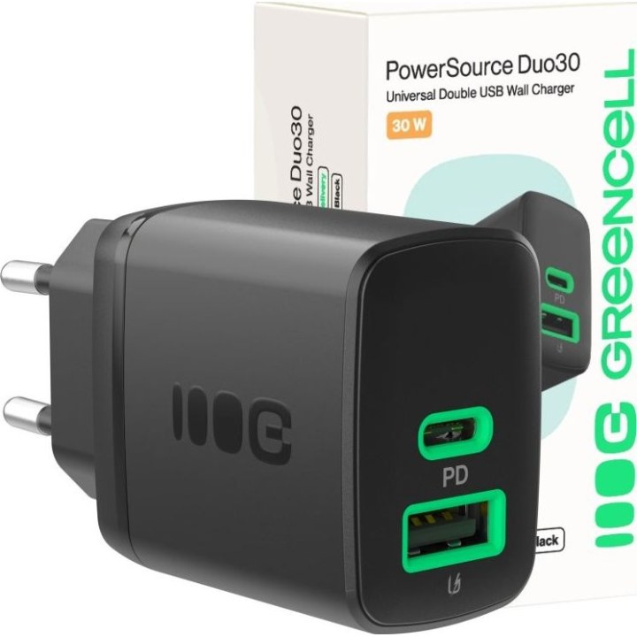 Cargador de red Usb + Type-C / 30W / Negro / CHARB-GC-30AC-B / Greencell