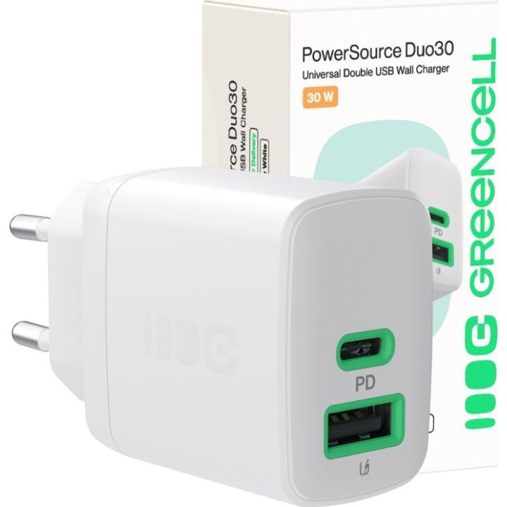 Cargador de red Usb + Type-C / 30W / Blanco / CHARB-GC-30AC-W / Greencell