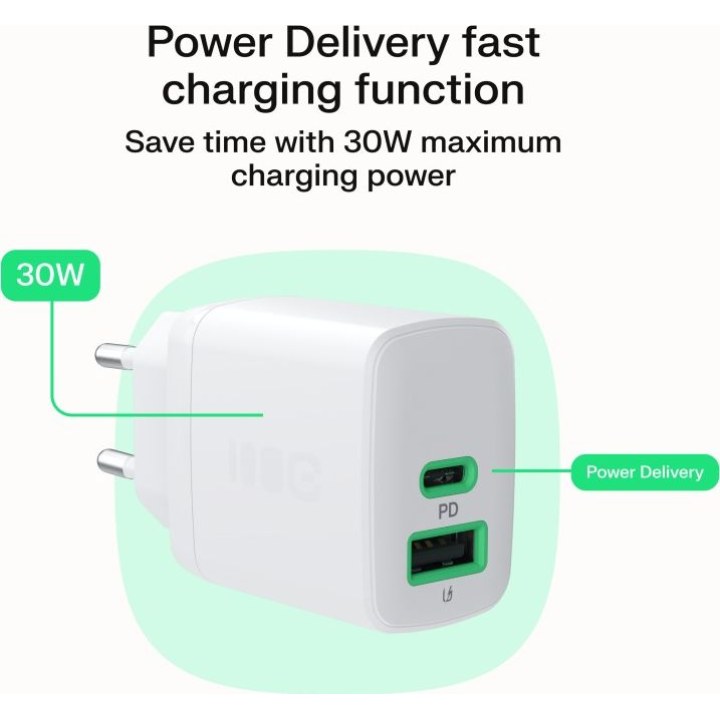 Cargador de red Usb + Type-C / 30W / Blanco / CHARB-GC-30AC-W / Greencell