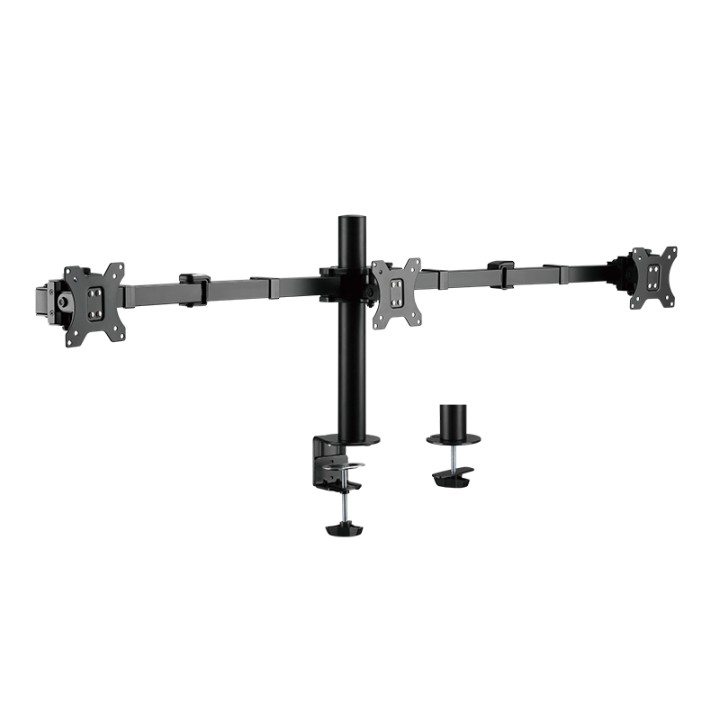 Suporte triplo para monitores de 17 a 27 polegadas, com capacidade de 7 kg por braço.
