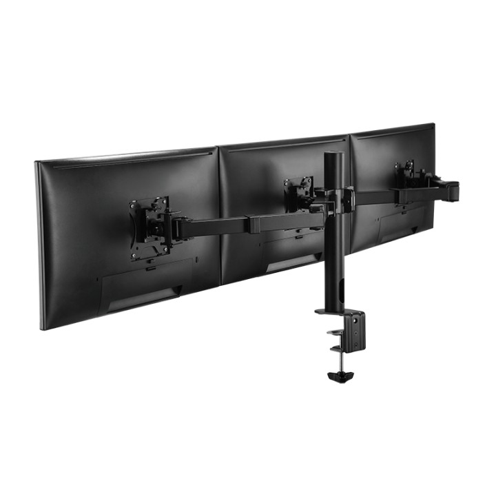 Suporte triplo para monitores de 17 a 27 polegadas, com capacidade de 7 kg por braço.